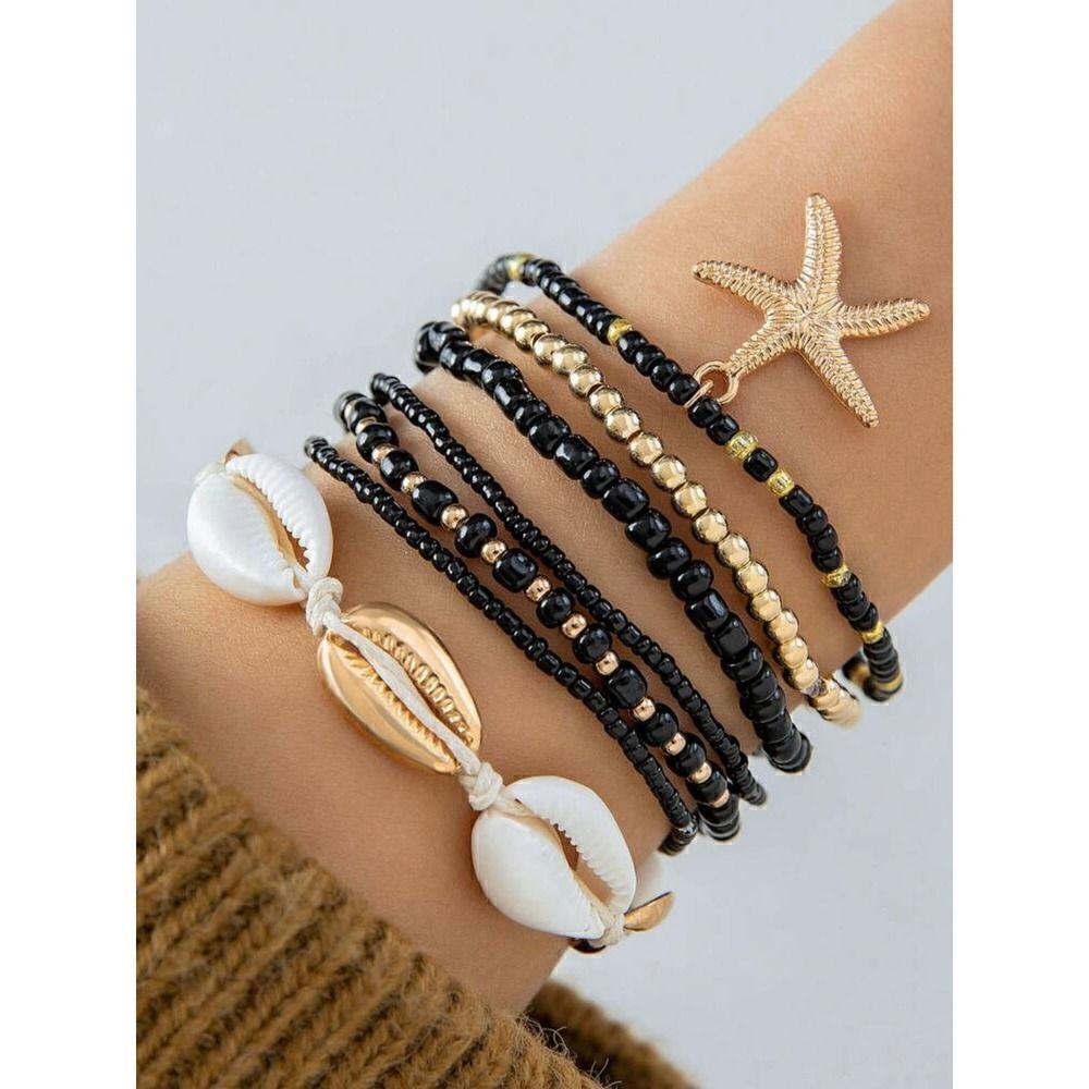 Bohemian Style Mixed Beads Bracelet Set Along with Alloy Star, Black